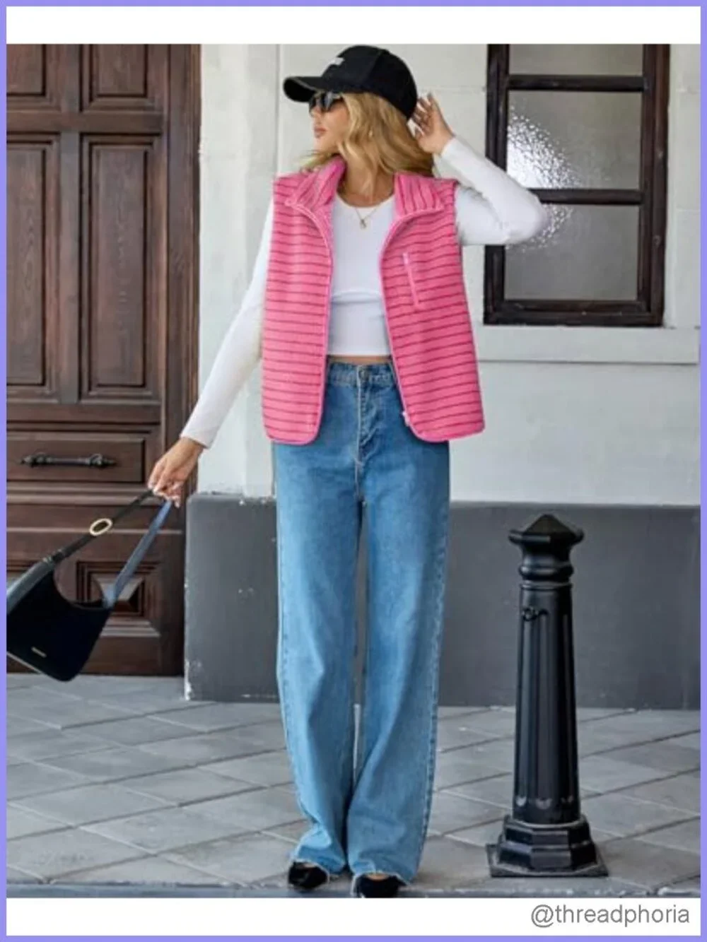 Women's Striped Fleece Sleeveless Vest High Neck Zipper Sherpa-Lined Pockets
